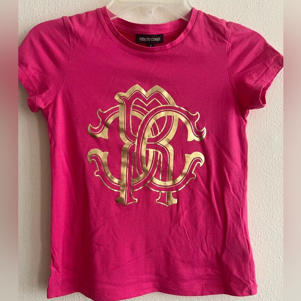 Roberto Cavalli Kids Junior Fuchsia T Shirt Gold Emblem Size 8 / 126